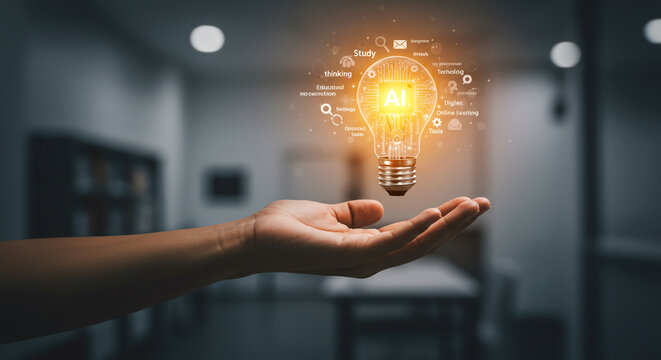 Illuminating AI concept with a bright idea bulb hovering over an open hand, symbolizing innovation and future technology - Powered by Adobe