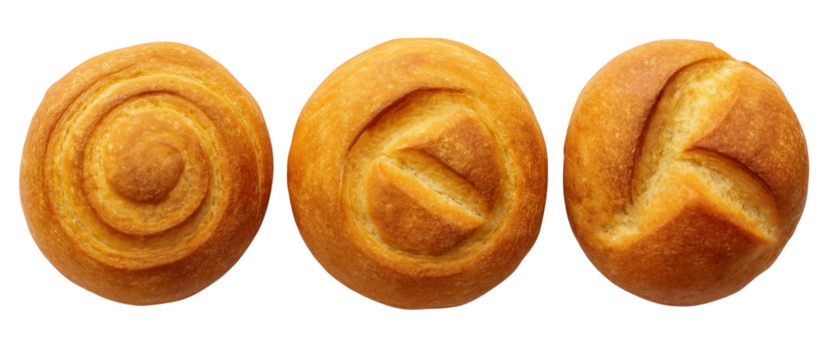 Overhead view of three different golden brown rolls or bread buns with scoring
