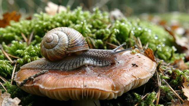 Snail on Mushroom - A snail with a brown and tan shell is shown crawling across the top of a mushroom. In the background is lush green moss.