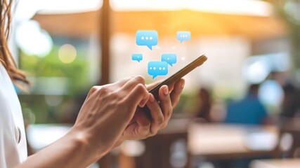 Woman Using Phone with Message Bubbles. - Powered by Adobe