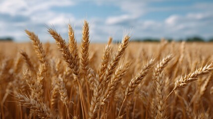 Fototapeta premium Golden ripe wheat ears in a vast field under a bright blue sky with scattered clouds