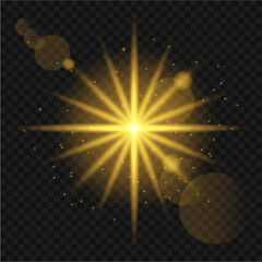 Golden Star Glow Shining and Lens Flare Effect Vector on Transparent Background. PNG