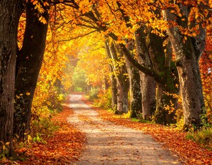 Obraz premium Autumn path with orange/yellow trees bordering a leaf-covered road, receding into a bright, misty distance