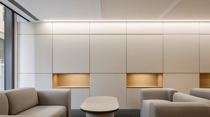 Modern minimalist interior with acoustic wall panels and built-in illuminated shelving. Soundproof padding creates clean geometric design. Beige upholstered furniture complements neutral office lounge