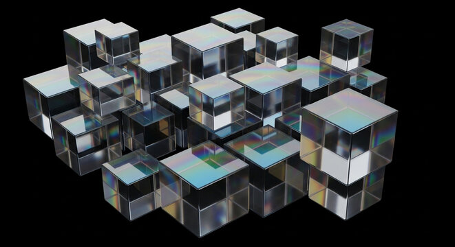 Abstract arrangement of shimmering glass cubes with iridescent light reflections creates a modern, sophisticated visual for technology and design concepts