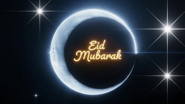 Eid mubarak greeting with crescent moon and glowing text over starry dark sky
