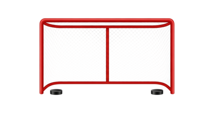A bright red hockey net with a black net stands ready for action on a dark background