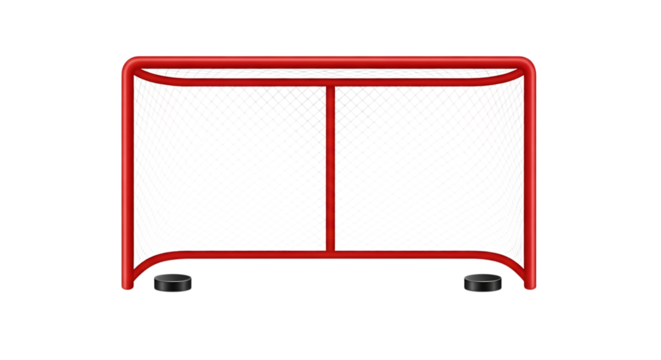 A bright red hockey net with a black net stands ready for action on a dark background