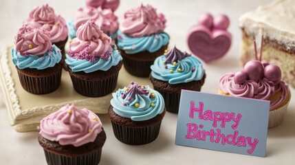 Colorful frosted cupcakes with a birthday card and party treats on a festive table