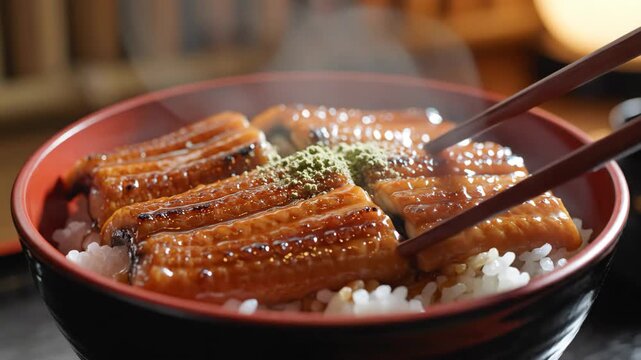 Unagi Donburi Bowl - A close-up shot captures a steaming bowl of unagi donburi, showcasing tender eel fillets glazed with a rich sauce, served over a bed of fluffy white rice and topped with a