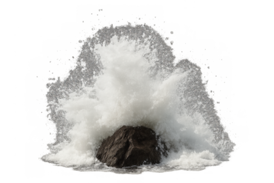 Powerful ocean wave crashing against a rock creating white spray and foam on transparent background