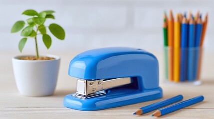 Bright office scene: Blue stapler and pencils contrast with a plant. Desktop essentials create a vibrant workspace. Stationery in a colorful, organized arrangement.