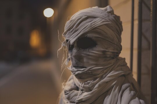Mummy costume lurking in the shadows during halloween night, creating a spooky and eerie atmosphere