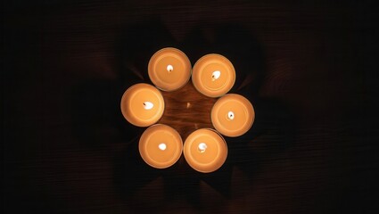 A calming display of six lit candles arranged in a circular pattern on a dark wooden surface, creating a tranquil ambiance.