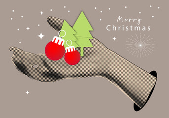 Merry Christmas and Happy New year celebration banner with halftone hand holding christmas trees and balls
