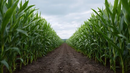 A dirt path leads through lush green rows of growing corn stalks under a cloudy sky