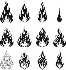 Collection of stylized black flame icons and symbols in various shapes and sizes on white background