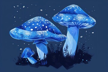 Naklejka premium Illustration of three glowing blue mushrooms with white spots growing in a dark enchanted forest at night