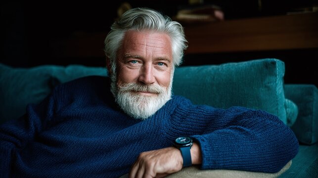 Relaxed man with silver hair and beard, casually dressed in a dark blue sweater, resting on a teal sofa. A stylish watch adorns his wrist as he gazes at the camera.