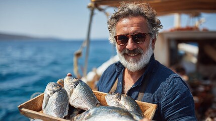 A smiling fisherman with sunglasses holds a wooden crate filled with fresh fish against a backdrop of the open sea, embodying the spirit of coastal life. Ready to sell.
