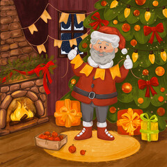 Hand-drawn illustration of a festive Christmas scene: Santa Claus with garlands in a cozy interior with a decorated tree, gifts, toys, and fireplace. Warm composition for print