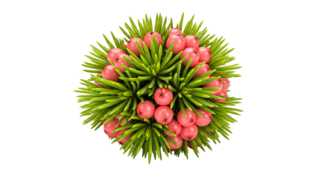 Top view of a decorative ball with pink berries isolated on transparent background
