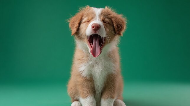 A tired puppy yawns widely against a vibrant green backdrop. The fluffy, light brown fur is contrasted by white markings, creating a charming and sleepy canine portrait.