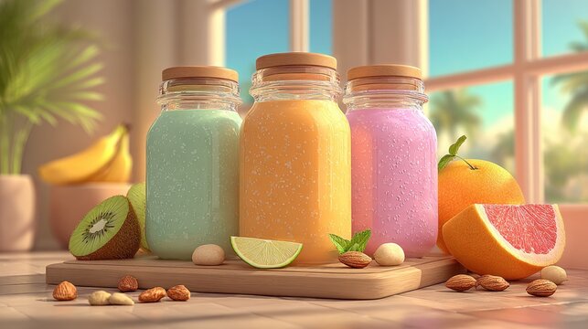 Three jars of colorful smoothies and fresh fruit brighten the kitchen with cheerful vibes