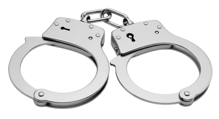 Close up studio shot of a pair of shiny metal handcuffs against a stark black background