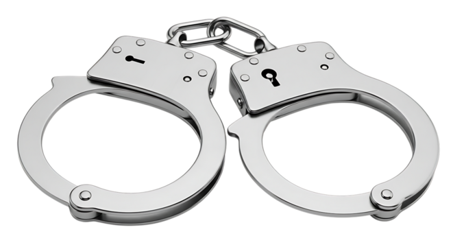 Close up studio shot of a pair of shiny metal handcuffs against a stark black background