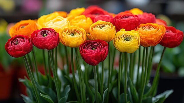 A vibrant display of red, yellow, and orange ranunculus blooms fills the garden with joy