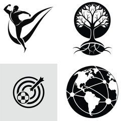 Set of four minimalist logo designs including a soccer player tree with roots target with soccer ball and global network flat vector illustration isolated on white background