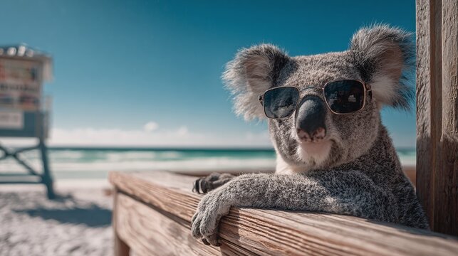 Chill koala bear soaking up sun in shades on tropical beach, lounging on wooden railing with ocean view. Coastal vibe in the cool summer breeze. Total relaxation.