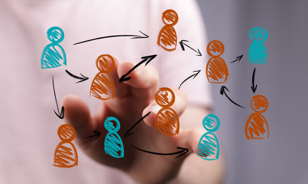 Business hand touching digital interface with connected people icons. Representing social networking, global communication, and team collaborati - Powered by Adobe