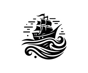 Black ship sailing on waves