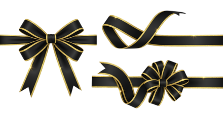 Elegant black satin ribbons with golden trim arranged in decorative bows and swirls on a dark background