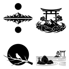 New years eve japanese style vector set with mountains, torii gate, bird, and moon isolated on
