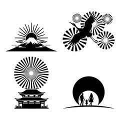 New years eve silhouette icons collection featuring sunrise, crane, pagoda, and family isolated on