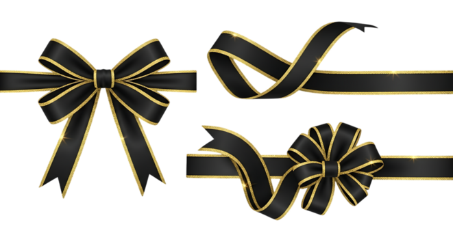 Elegant black satin ribbons with golden trim arranged in decorative bows and swirls on a dark background