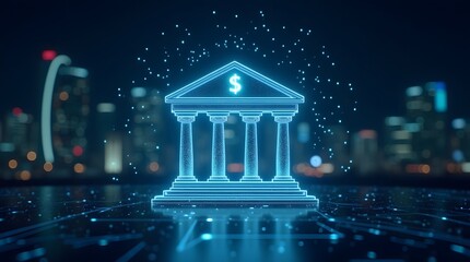Futuristic bank building with dollar sign glows brightly against city skyline for financial technology concepts