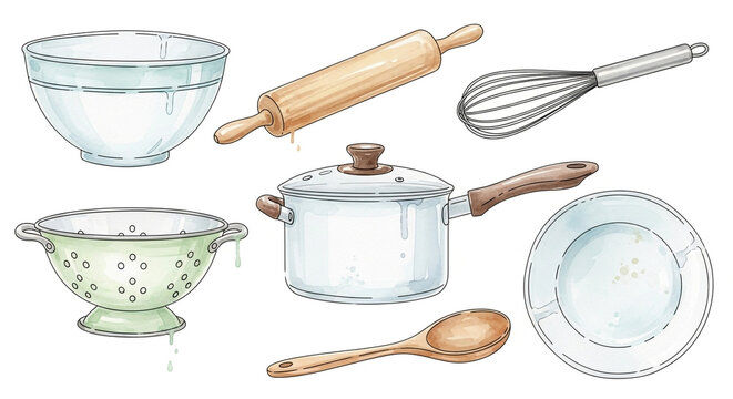Whimsical watercolor kitchen essentials gather for delightful culinary adventures, inspiring homemade goodness and joyful cooking moments.