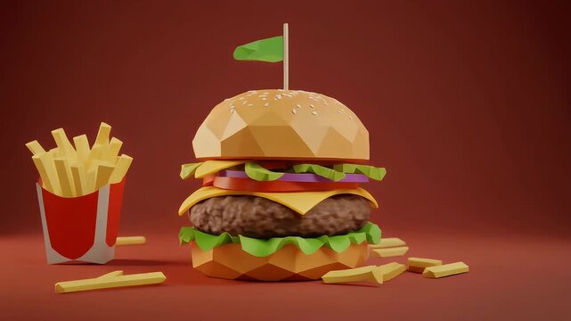 A vibrant, low-poly depiction of a classic burger and fries combo against a warm, reddish-brown background.