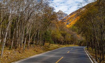 Four Girls Mountain in Aba prefecture Chengdu city Sichuan province, China.Siguniang mountain or Four sister mountain with snow cap on top and colourful autumn in Sichuan, China