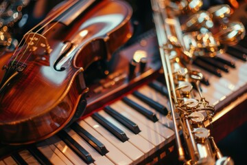 Naklejka premium Violin, saxophone and electric piano keyboard lying together on stage, ready for a music performance