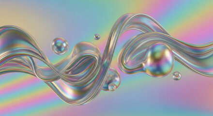 Stunning iridescent liquid waves and spheres create a mesmerizing, futuristic abstract backdrop perfect for modern design concepts and digital art.