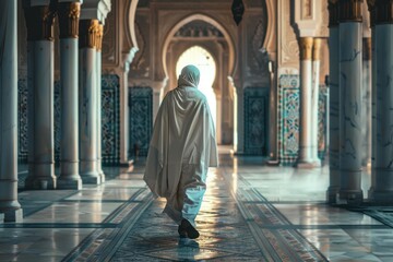 Naklejka premium Woman wearing traditional white clothes walking inside a beautiful ornate mosque towards the sunlight