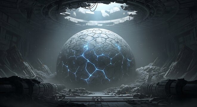 Mysterious alien egg object illuminating in futuristic chamber