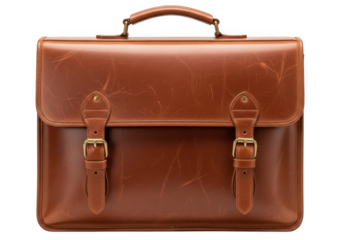 Classic rich brown leather briefcase with buckle closure and sturdy handle elegant business accessory isolated on transparent background