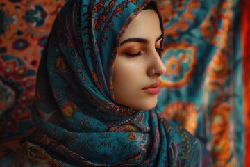 Portrait of a young muslim woman wearing a vibrant hijab, her eyes closed in a moment of serenity, conveying a sense of peace and deep spirituality