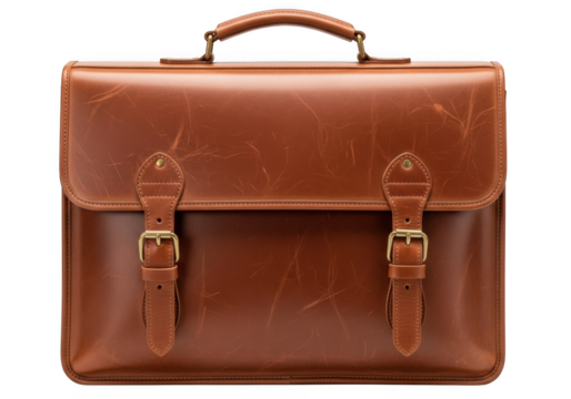 Classic rich brown leather briefcase with buckle closure and sturdy handle elegant business accessory isolated on transparent background